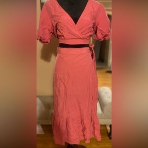 New beautiful 2 piece Coral Strapless top and split long skirt being in closet